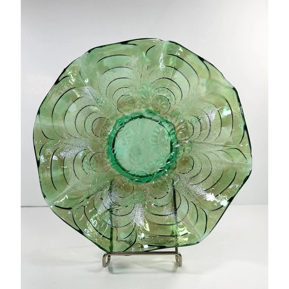 Vtg Imperial Carnival Glass Green Iridescent Pansy Ruffle Bowl Retro
